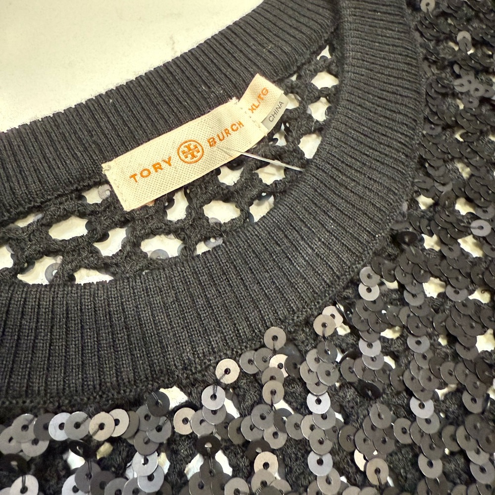 EUC Tory Burch Black Lansing Sequin Open Knit Sweater Long Sleeve – Size XLarge - Picture 6 of 10